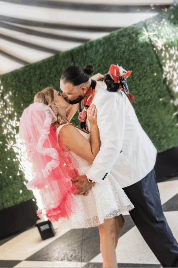 Wedding Photo of Bride and Groom Elopement in Vegas Pink Wedding Veil at the willows at ashcombe wedding venue